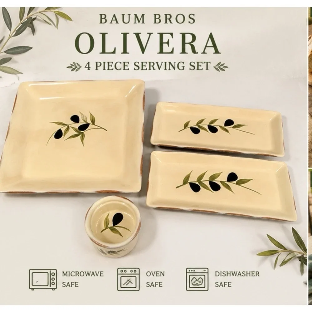 Baum‎ Bros Olivera 4 Pc Serving Set Olive Branch Tuscan Platter Trays Ramekin